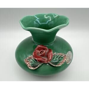 Edith Giboney Handmade California Pottery Green Vase with 3D Red Rose Flower